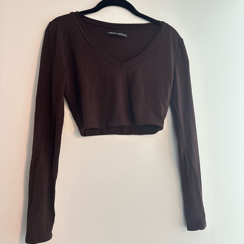Naked wardrobe Brown Long Sleeve Crop Top